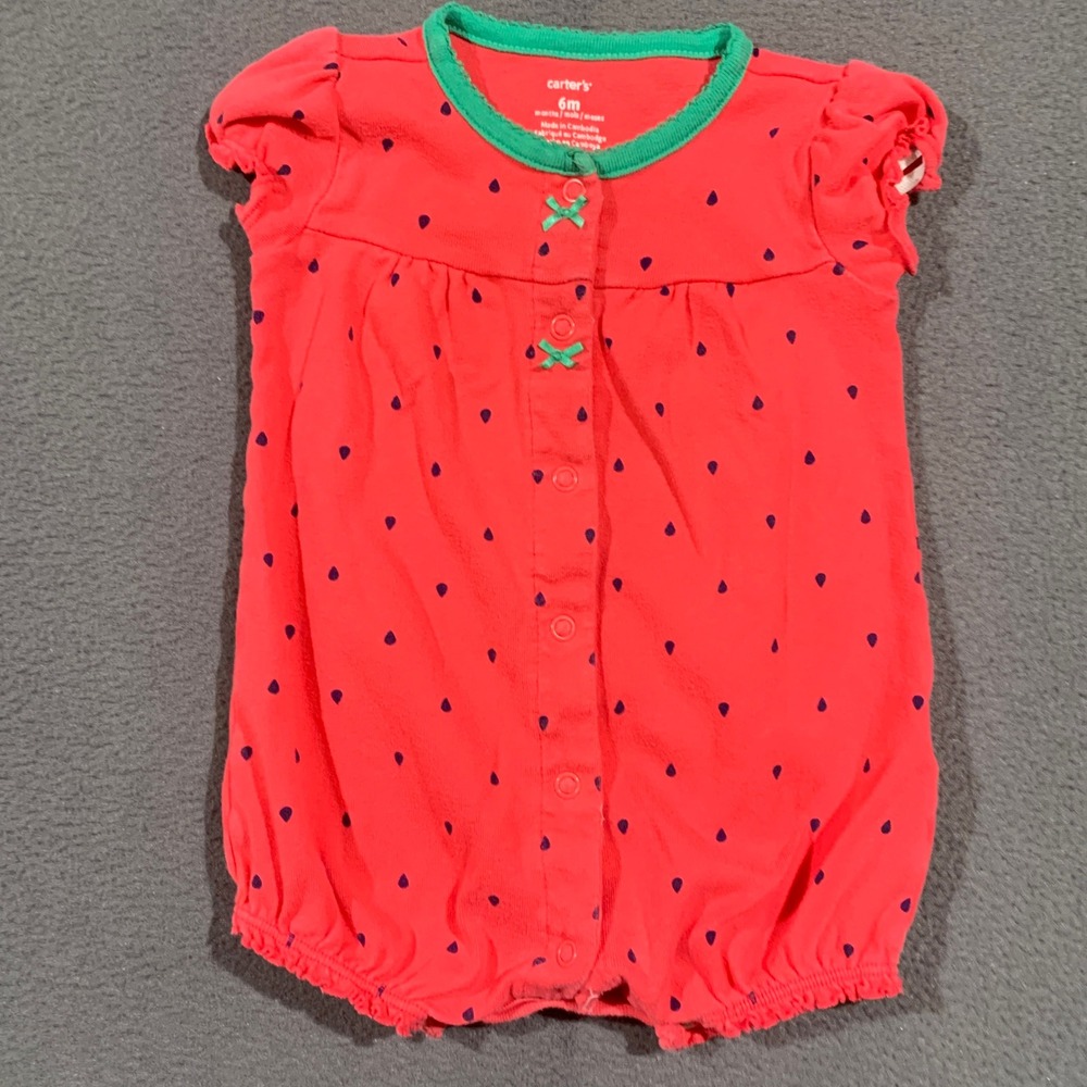 Carters Baby Girl 6M Strawberry Bubble Romper Red Green Fruit Print Sunsuit